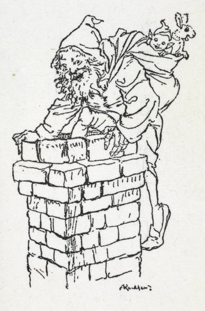 Father Christmas climbing down a chimney with a sack of gifts by Arthur Rackham
