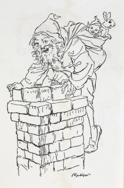 Father Christmas climbing into a chimney with gifts by Arthur Rackham