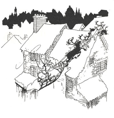 Father Christmas in his sleigh flying over snowy roof-tops by Arthur Rackham