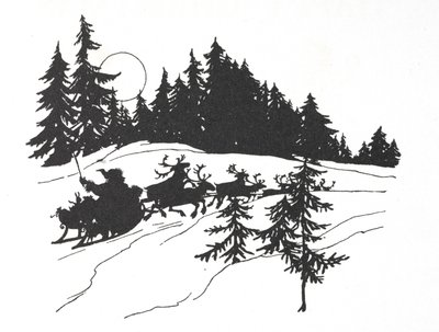 Father Christmas travelling through a snowy wood on his sleigh by Arthur Rackham