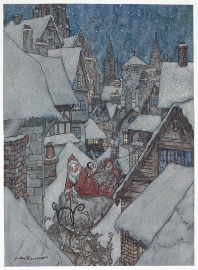 Father Christmas travelling through snowy streets on his sleigh by Arthur Rackham
