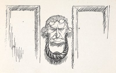Front door knocker with the face of Scrooge by Arthur Rackham