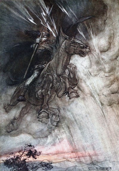 Furiously Wotan is Riding to the Rock. Illustration for The Rhinegold and The Valkyrie by Richard by Arthur Rackham