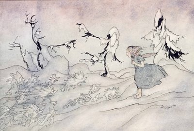 Gerda is terrified by the Snow Queens advance guard, but she said Our Father and is rescued by little bright angels, illustration from The Snow Queen by Hans Christian Andersen by Arthur Rackham