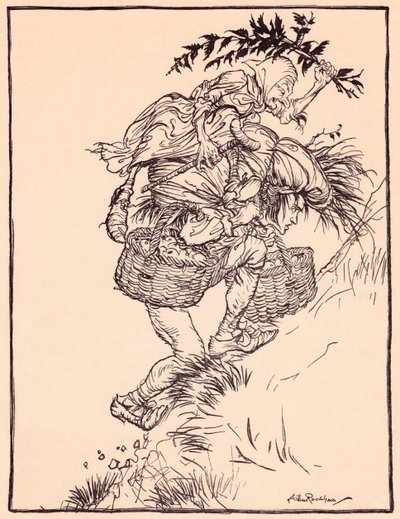 Groaning continually, he climbed the mountain. Illustration by Arthur Rackham from Grimm