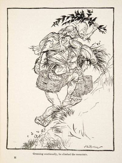Groaning continually, he climbed the mountain, from Little Brother & Little Sister and Other Tales by the Brothers Grimm, pub.1917 by Arthur Rackham