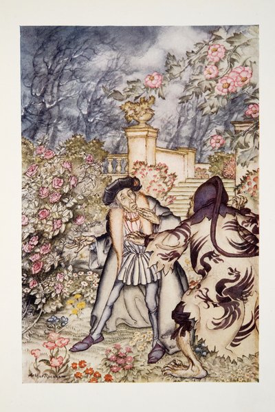 He heard a loud noise, and saw coming towards him a beast, so frightful to look at that he was ready to faint with fear, from The Arthur Rackham Fairy Book by Arthur Rackham