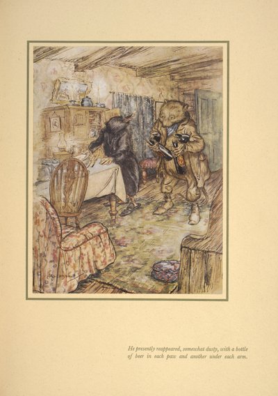 He presently reappeared, somewhat dusty, with a bottle of beer in each beer under each arm by Arthur Rackham