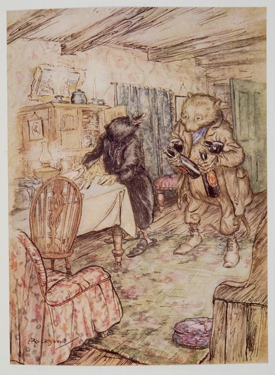 He presently reappeared, somewhat dusty, with a bottle of beer in each paw and another under each arm, from Wind in the Willows by Kenneth Grahame, pub. 1940 by Arthur Rackham