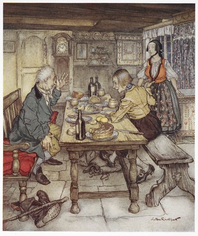 He says you may go and open the chest in the corner and you will see the devil crouching inside it. A farmer and a man known as little Claus, sitting at a table, while the farmer