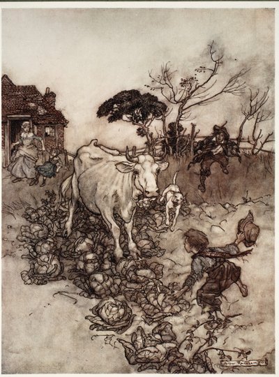 His cow would go astray or get among the cabbages, from Rip Van Winkle by Washington Irving by Arthur Rackham