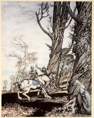 How Sir Launcelot slew the knight Sir Peris de Forest Savage that did distress ladies, damosels and gentlewomen, illustration from 