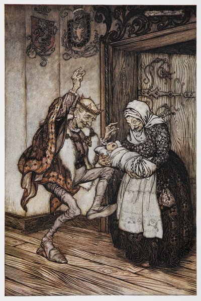 Illustration from Briar Rose of an Elderly King and Queen and Their Baby. by Arthur Rackham