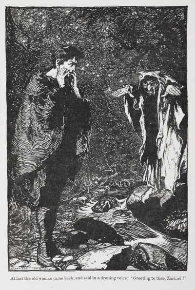 Illustration from Jorinda and Joringel of Zachiel and the Old Woman. by Arthur Rackham