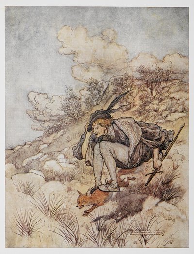 Illustration from The Golden Bird. A prince riding on a fox by Arthur Rackham