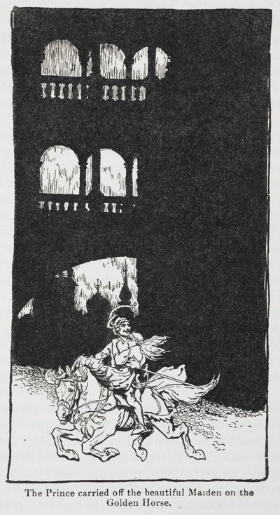 Illustration from The Golden Bird When the Prince Carries Off the Maiden on Horseback. by Arthur Rackham