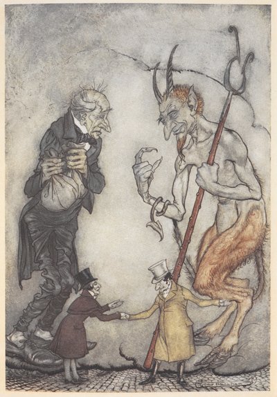 Illustration of Scrooge and the devil with two small men below them by Arthur Rackham