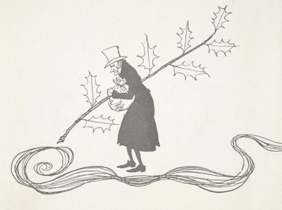 Illustration of Scrooge, depicted by a sprig of holly, clutching a bag of money and looking angry by Arthur Rackham