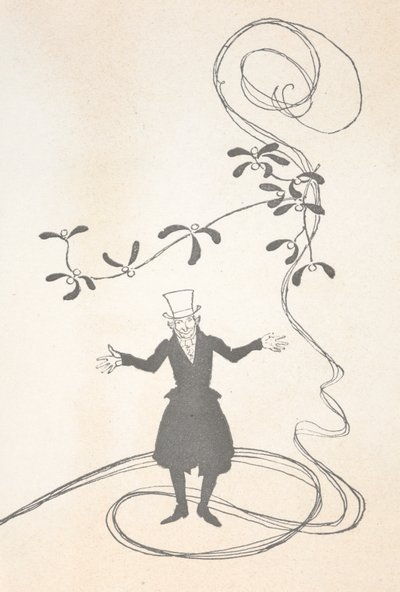 Illustration of Scrooge, depicted with a sprig of mistletoe looking happy by Arthur Rackham