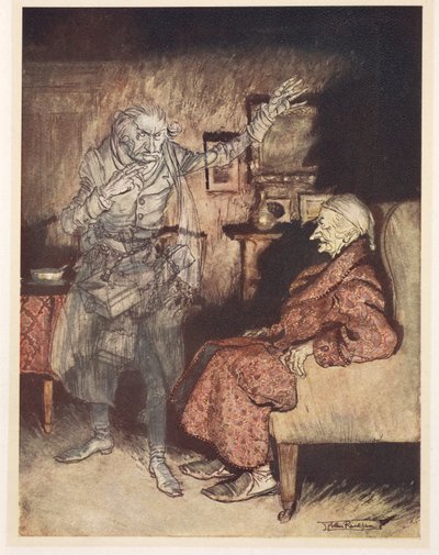 Illustration of Scrooge with the Ghost of Christmas Past by Arthur Rackham