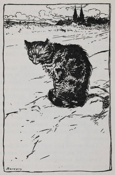 Illustration of a cat from The Bremen Town Musicians by Arthur Rackham