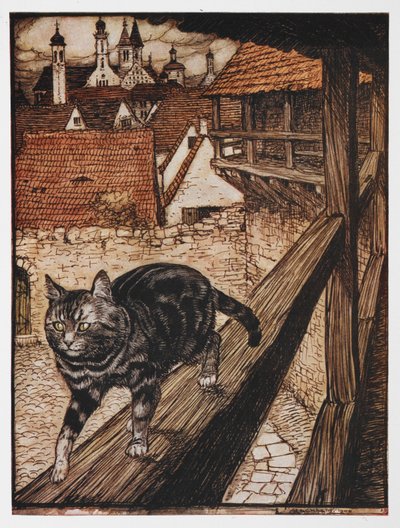 Illustration of a Cat Walking Along a Fence from The Cat and the Mouse in Partnership by Arthur Rackham