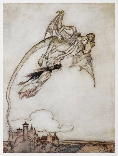 Illustration of a dragon carrying off the princess from The Four Clever Brothers by Arthur Rackham