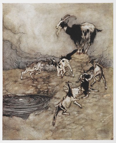 Illustration of a goat and her young kids playing from The Wolf and the Seven Kids by Arthur Rackham