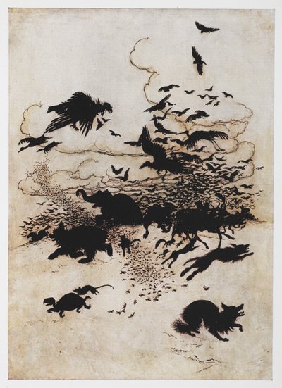 Illustration of a stampede of animals from The Wren and the Bear by Arthur Rackham