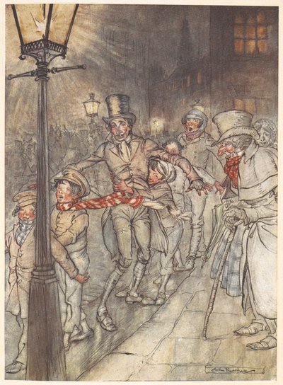 Illustration of a street scene on Christmas Eve with Bob Cratchit and children by Arthur Rackham