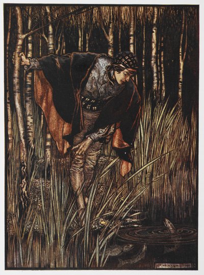 Illustration of a Youth by a Pond from The White Snake by Arthur Rackham