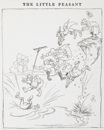 Illustration of men jumping off a cliff into a pond from The Little Peasants by Arthur Rackham