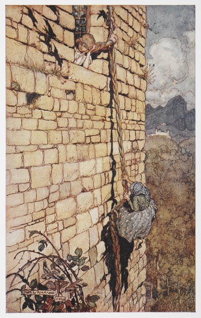 Illustration of the witch climbing up Rapunzel