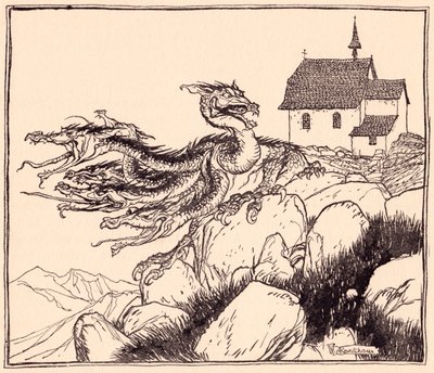 It was not long before the seven headed dragon came, loudly roaring. Illustration by Arthur Rackham from Grimm