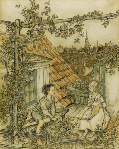 Kay and Gerda in their garden high up on the roof. Illustration for the tale of The Snow Queen by Arthur Rackham