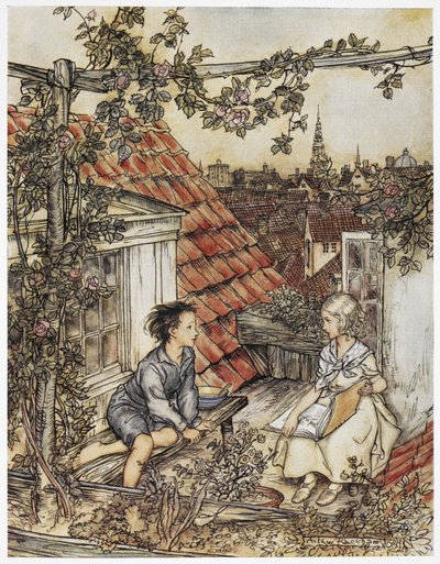 Kay and Gerda in their garden high up on the roof. Two children sitting on the roof of a house. Illustration for 