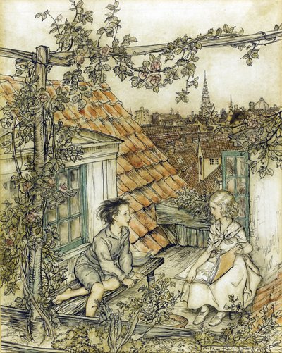 Kay and Gerda in their garden high up on the roof. Illustration for the tale of The Snow Queen by Arthur Rackham