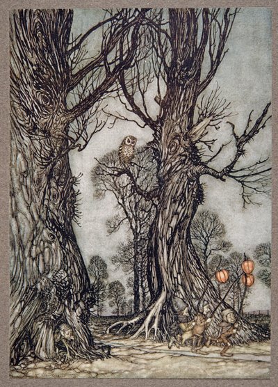 Linkmen running in front carrying winter cherries, from Peter Pan in Kensington Gardens by J.M. Barrie, pub. 1906 by Arthur Rackham