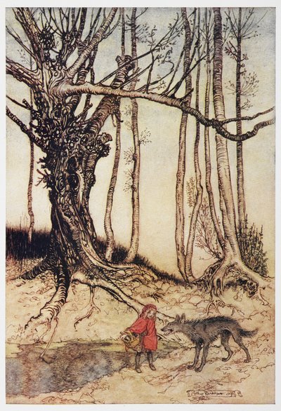 Little Red Riding Hood and the wolf in the wood. by Arthur Rackham