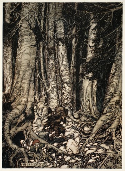 Mutually relieving one another they clambered up a narrow gully, from Rip Van Winkle by Washington Irving by Arthur Rackham