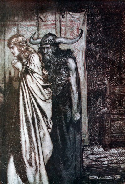 O Wife Betrayed I Will Avenge Thy Trust Deceived! Illustration for Siegfried and The Twilight of the Gods by Arthur Rackham