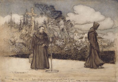Padre Alonzo watched him out of sight, illustration from Good Night by Eleanor Gates, 1907 by Arthur Rackham