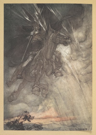 Raging, Wotan rides to the Rock! Like a storm-wind he comes! by Arthur Rackham