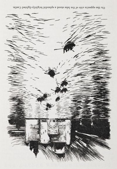 Rowing Boats on a River Approaching a Castle at Night. by Arthur Rackham
