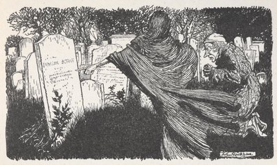 Scrooge and a ghost in a graveyard at night by Arthur Rackham