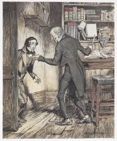 Scrooge writing in his office as another man enters by Arthur Rackham