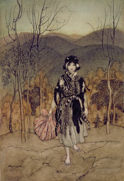 She Went Along, and Went Along, and Went Along Catskin, Illustration from English Fairy Tales, Retold by F.A Steel, 1918 by Arthur Rackham