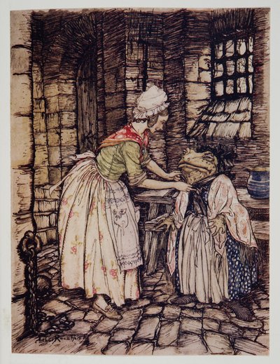 She arranged the shawl with a professional fold, and tied the strings of the rusty bonnet under his chin, from Wind in the Willows by Kenneth Grahame, pub. 1940 by Arthur Rackham