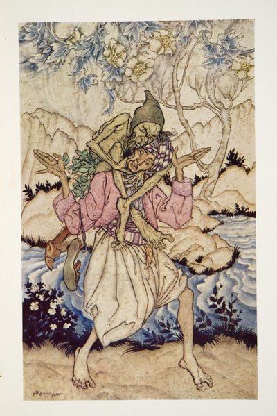 Sinbad carried the Old Man of the Sea on his shoulders, from The Arthur Rackham Fairy Book by Arthur Rackham