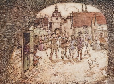 So the four Brothers took their sticks in their hands, bade their Father good-bye, and pass out of the town gate by Arthur Rackham